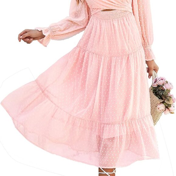 Dresses & Skirts - Women's Long Sleeve Midi Dress V-Neck Ruffle Flowy Pink XL